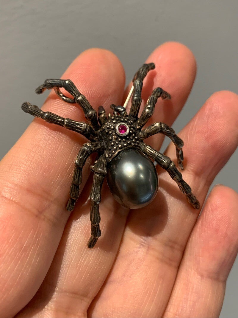 Sterling Silver Black Seawater Pearl Spider Brooch, Pendant（one of a kind piece in the world）