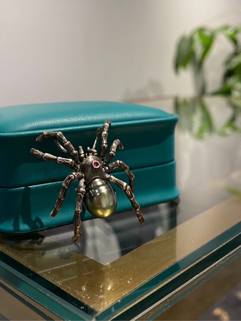 Sterling Silver Black Seawater Pearl Spider Brooch, Pendant（one of a kind piece in the world）
