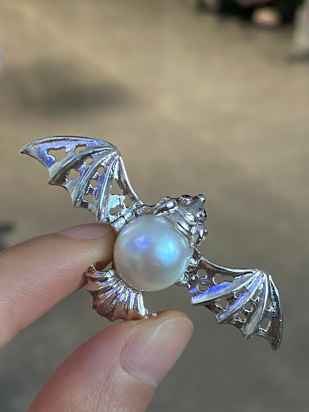 Sterling Silver White Freshwater Baroque Pearl Mozambique Ruby Bat Brooch, Pendant（one of a kind piece in the world）