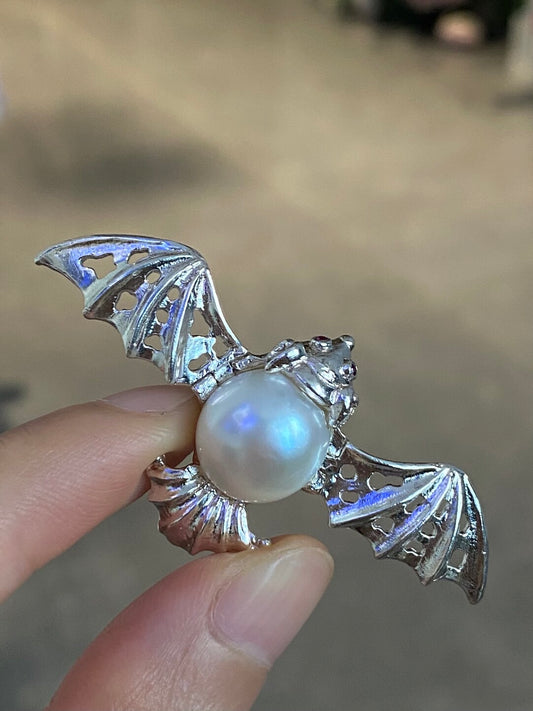 Sterling Silver White Freshwater Baroque Pearl Mozambique Ruby Bat Brooch, Pendant（one of a kind piece in the world）