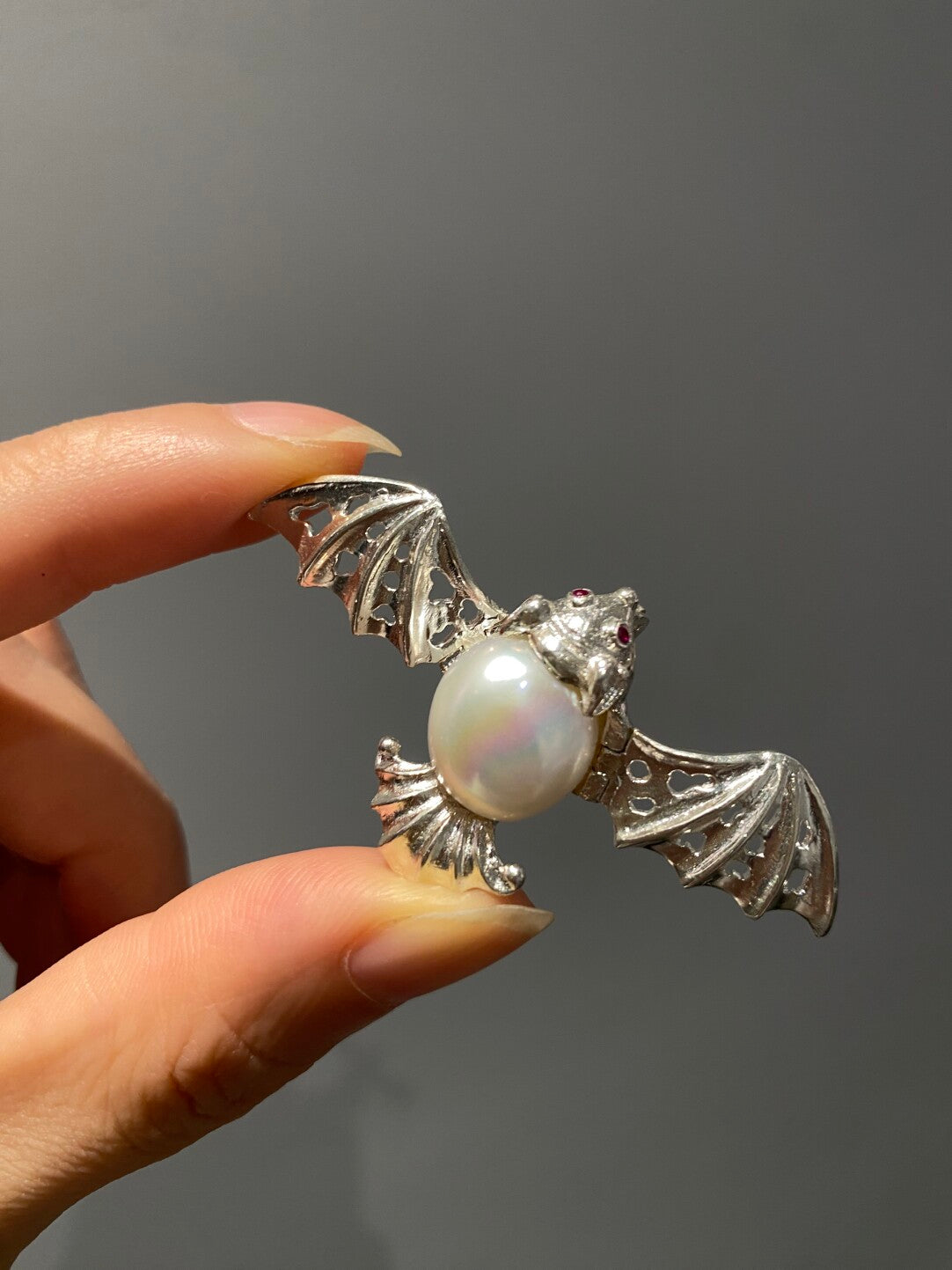 Sterling Silver White Freshwater Baroque Pearl Mozambique Ruby Bat Brooch, Pendant（one of a kind piece in the world）