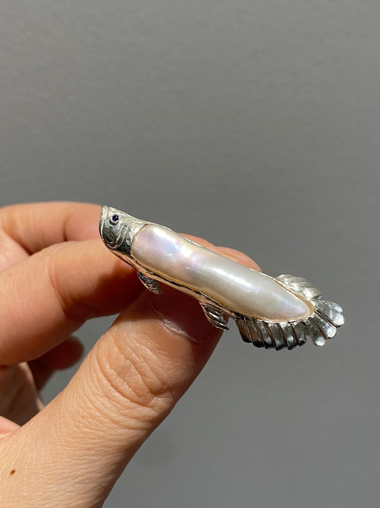 Sterling Silver White Freshwater Baroque Pearl Sri Lanka Sapphire Arowana Fish Brooch, Pendant（one of a kind piece in the world）