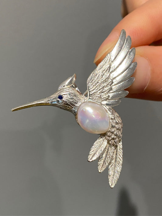 Sterling Silver White Freshwater Baroque Pearl Sri Lanka Sapphire Hummingbird Brooch, Pendant（one of a kind piece in the world）