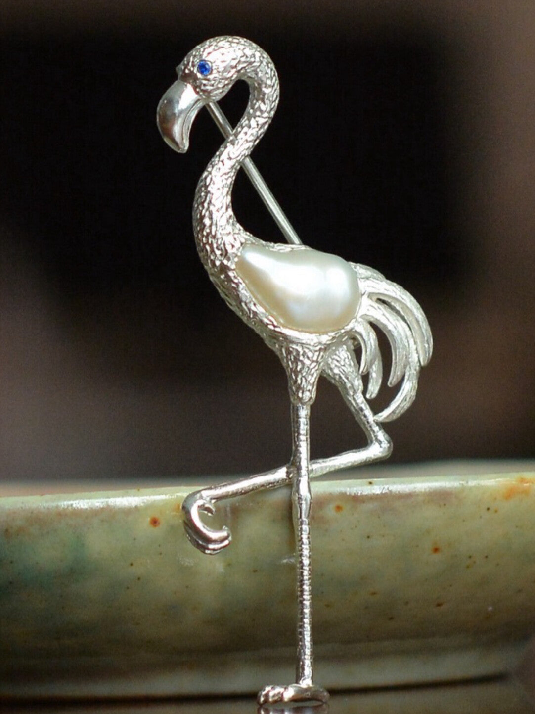 Sterling Silver White Baroque Pearl Sri Lankan Sapphire Flamingo Brooch, Pendant