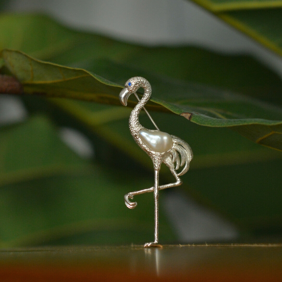 Sterling Silver White Baroque Pearl Sri Lankan Sapphire Flamingo Brooch, Pendant
