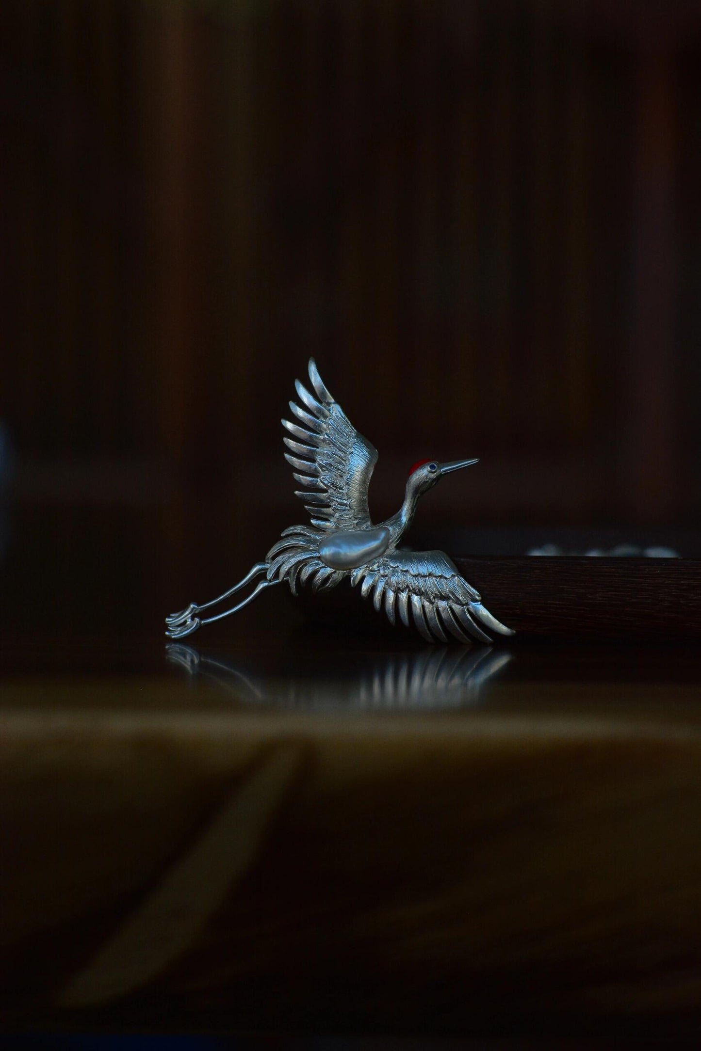 Sterling Silver White Freshwater Baroque Pearl Sri Lanka Sapphire Crane Brooch, Pendant（one of a kind piece in the world）