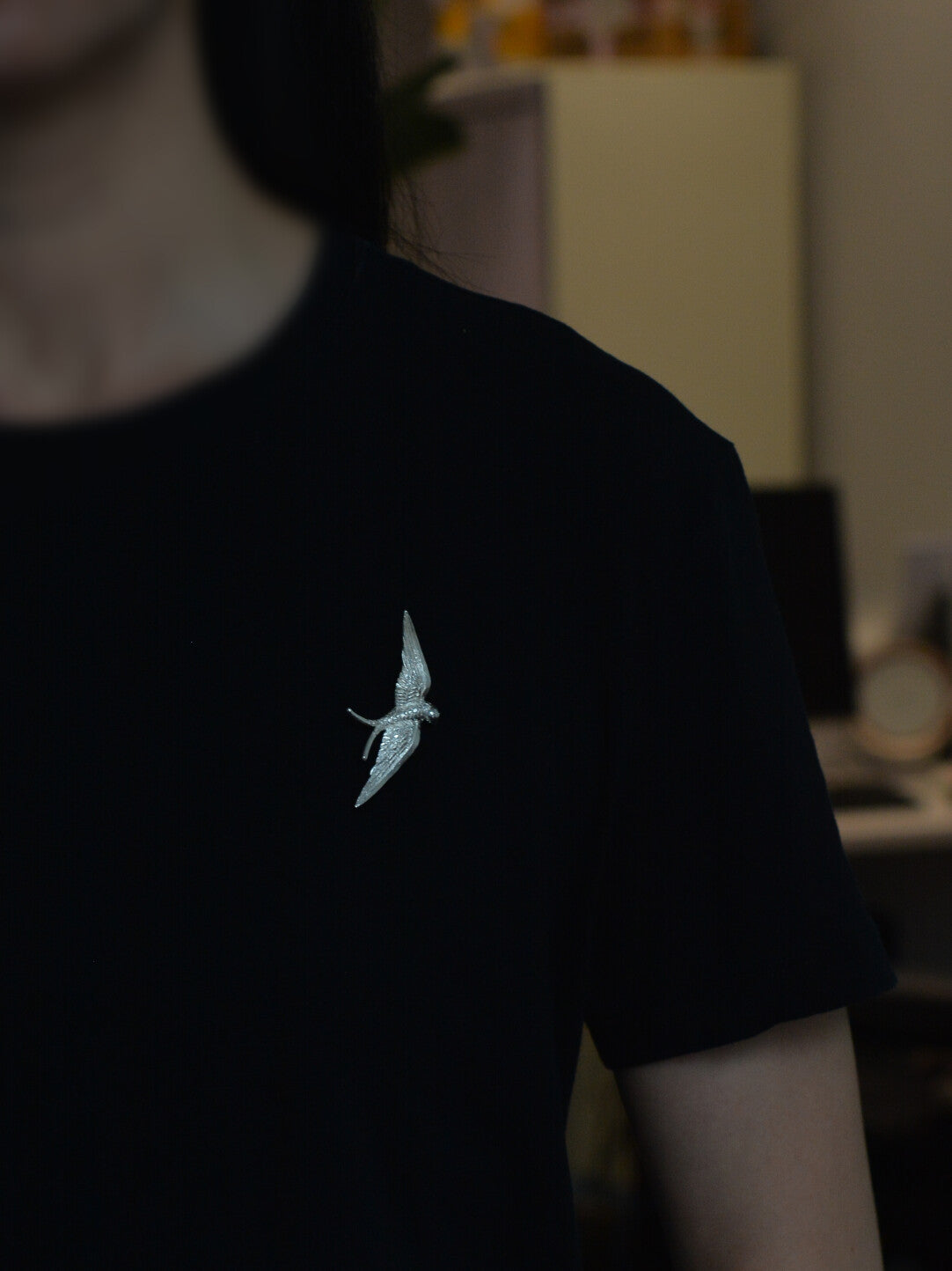 Hand-Carved Sterling Silver Swallow Bird Brooch, Pendant