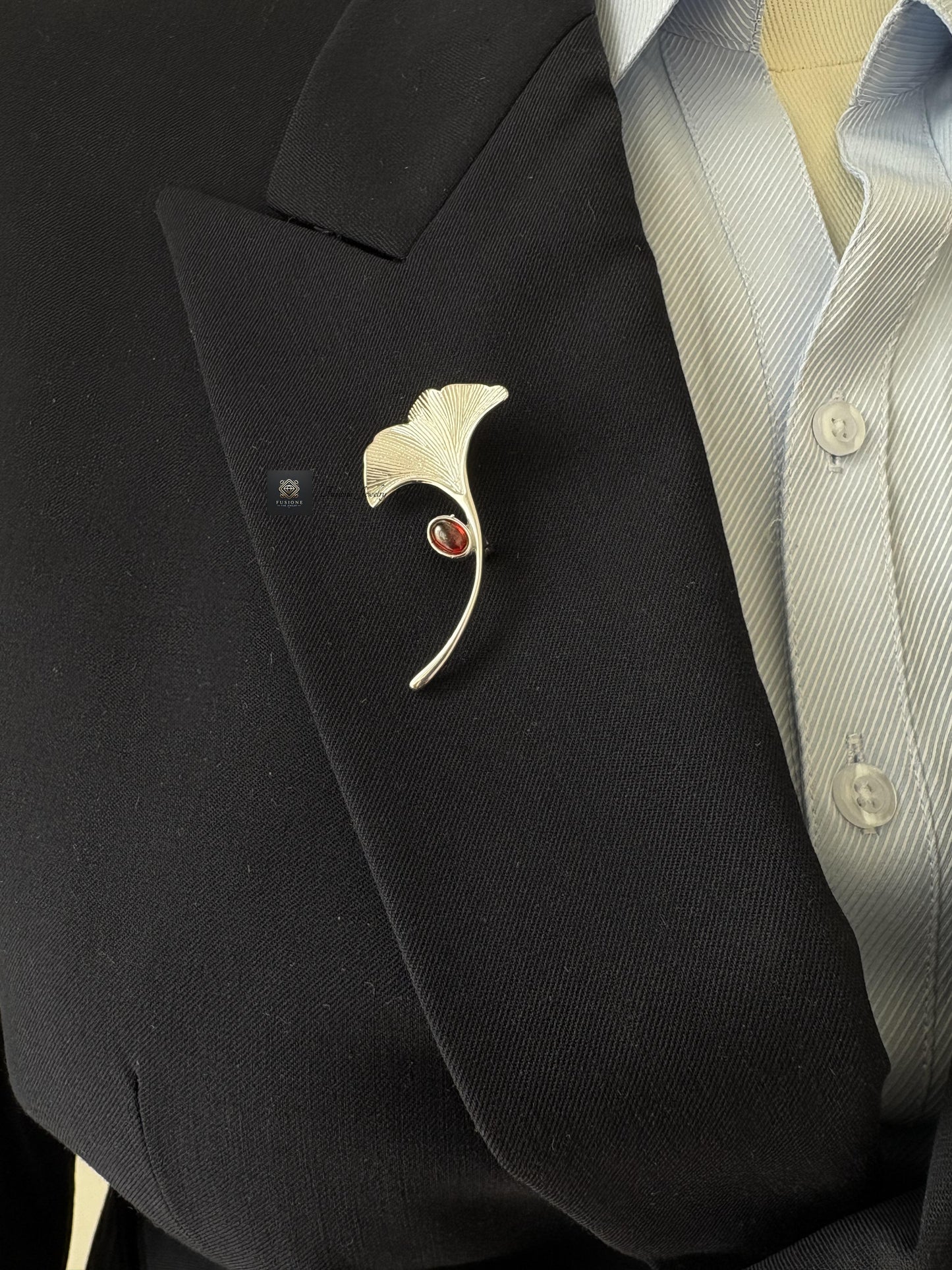 S925 Silver Garnet ginkgo brooch pendant