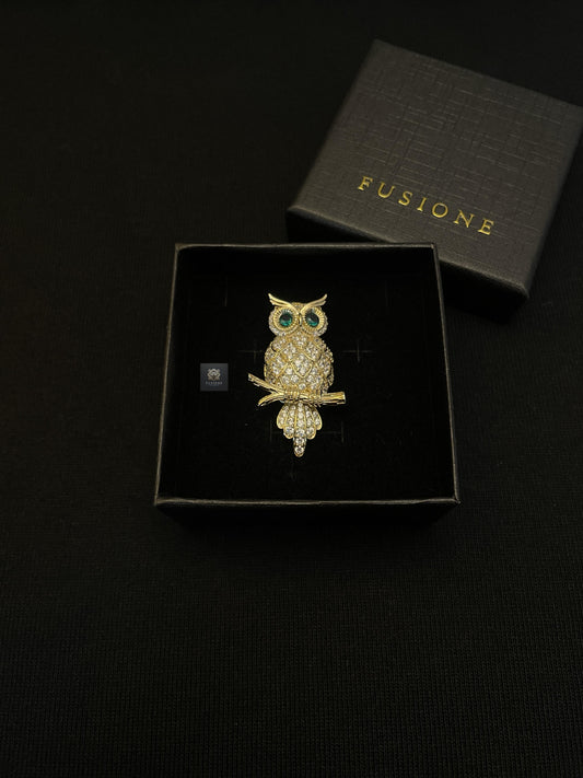 Gold Emerald Owl Brooch Pendant