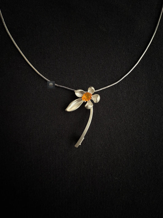 S925 Silver Natural Mexican Fire Opal lotus Brooch Pendant